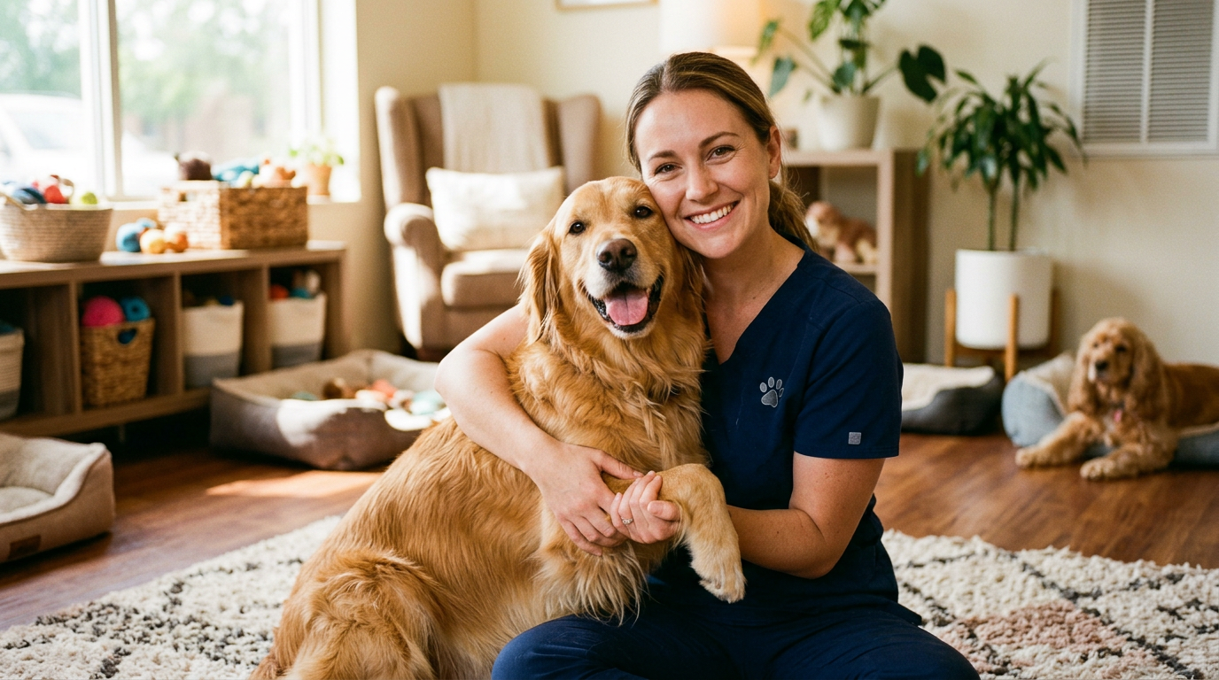 A team member gently holding a golden retriever