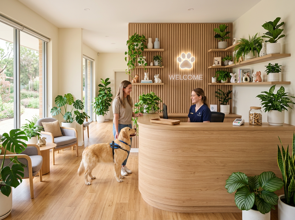 A modern, clean pet care reception area