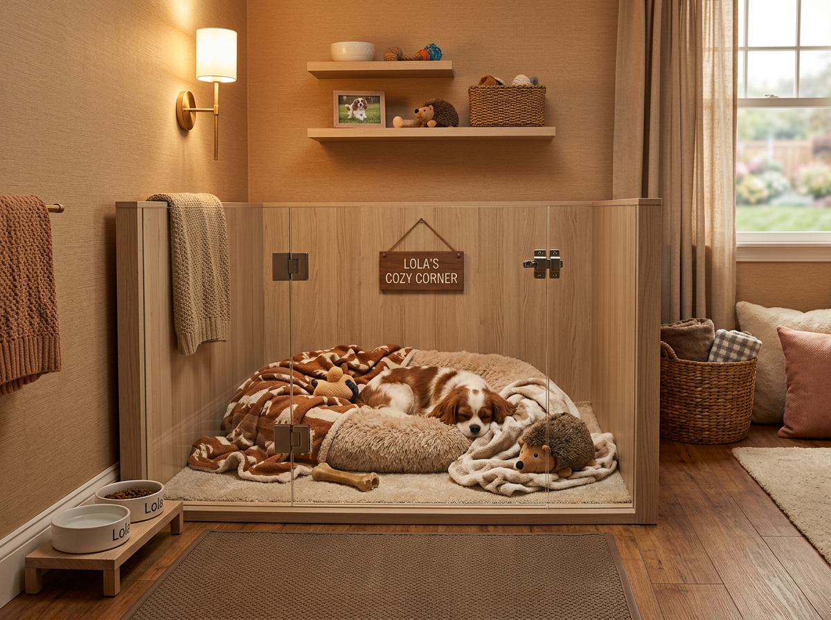 An inviting, secure pet boarding room with personalized bed