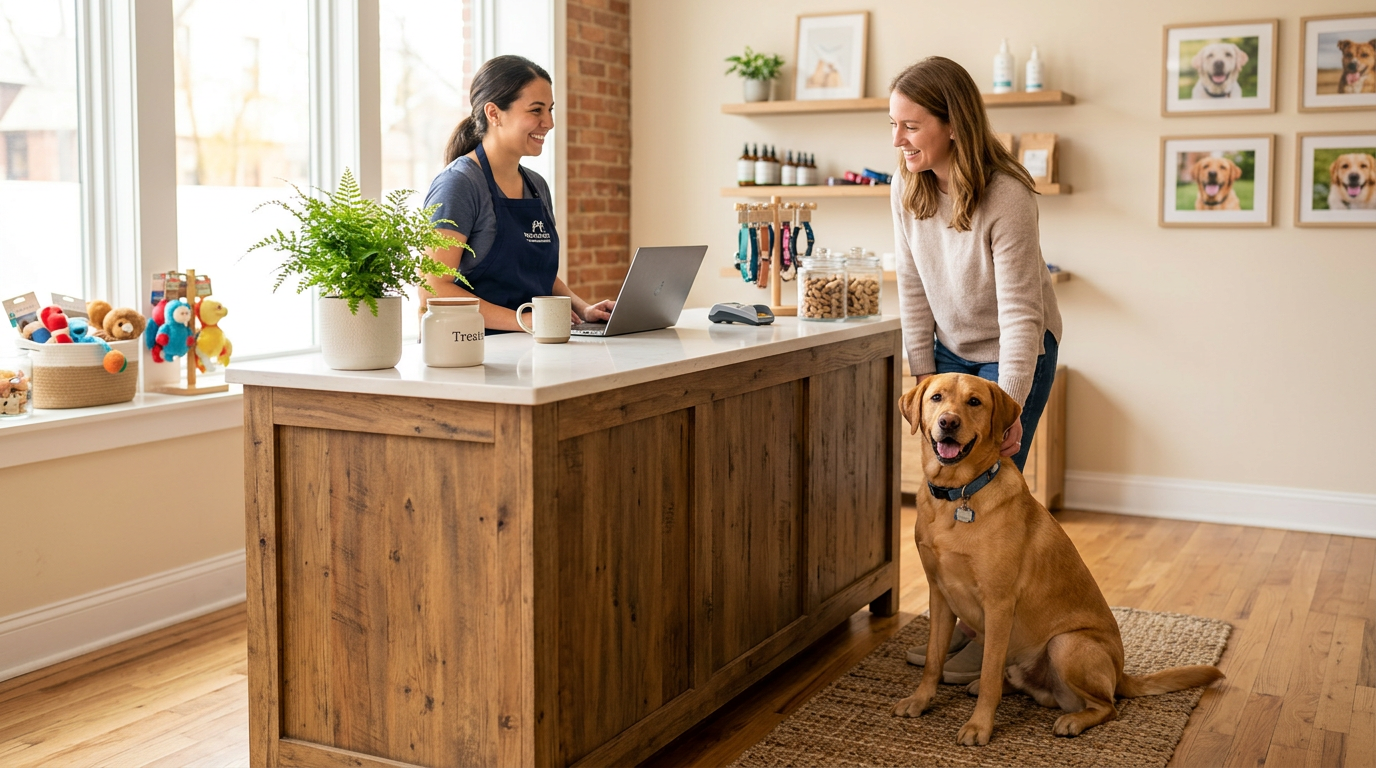 A welcoming pet care reception desk with a calm happy dog sitting near the counter