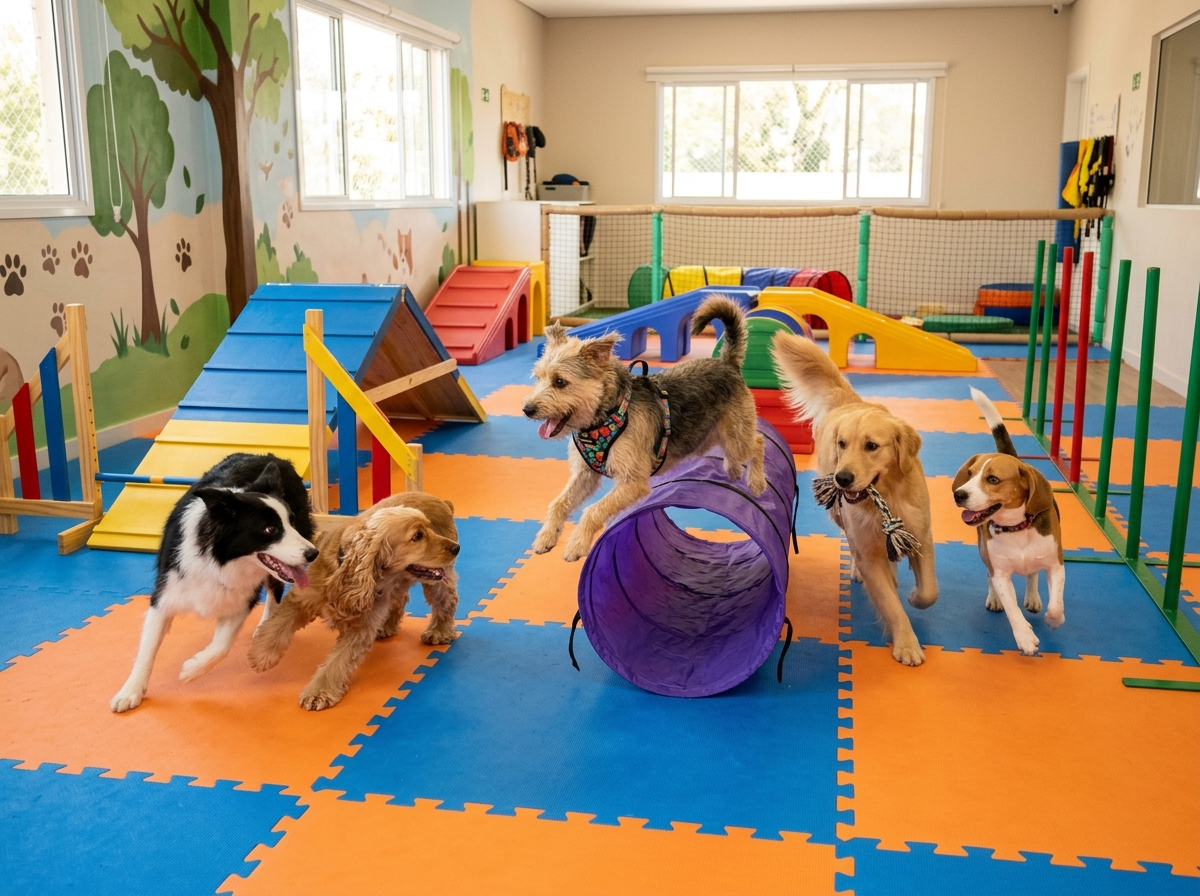 Dogs playing together in a clean, supervised indoor play space