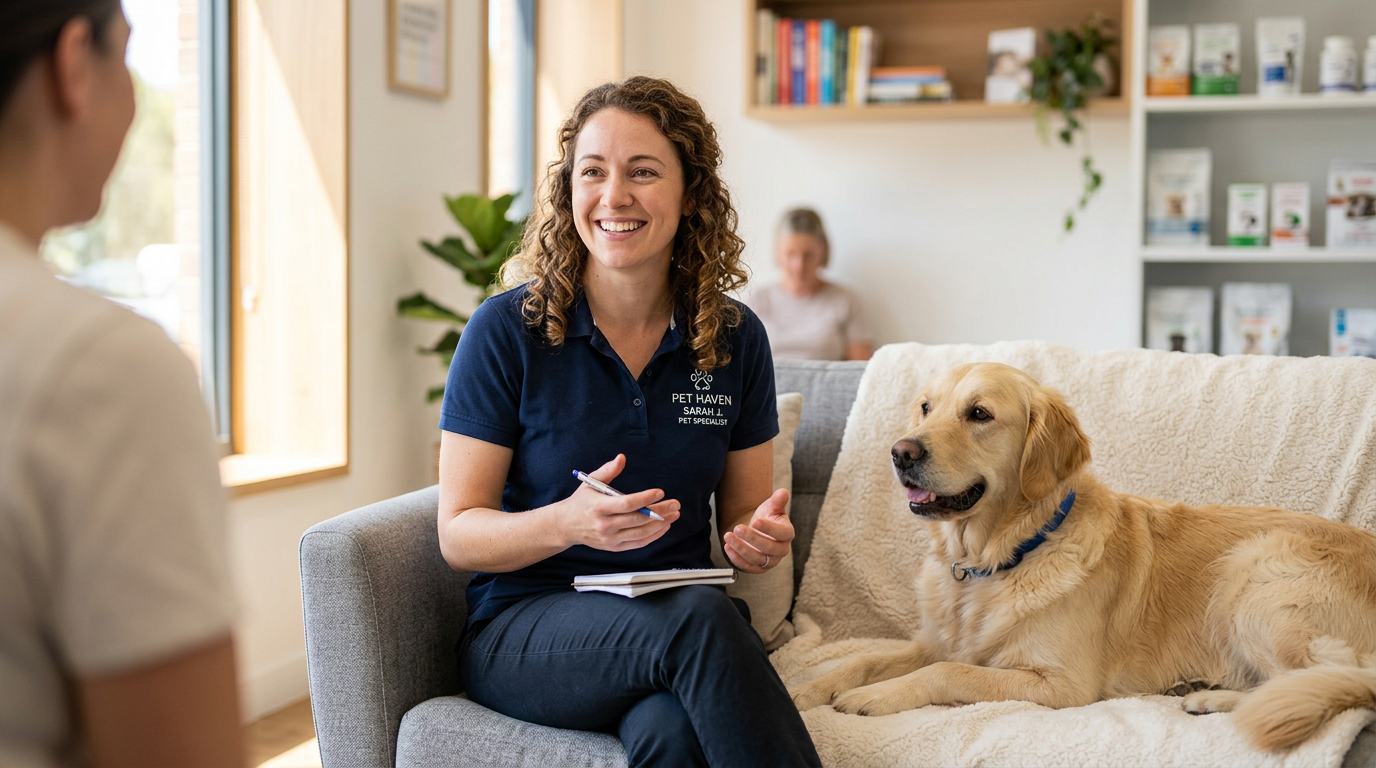 A pet care specialist answering questions with a warm smile next to a calm dog