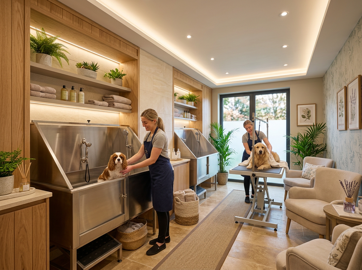 Low-stress pet grooming spa suite with calm lighting