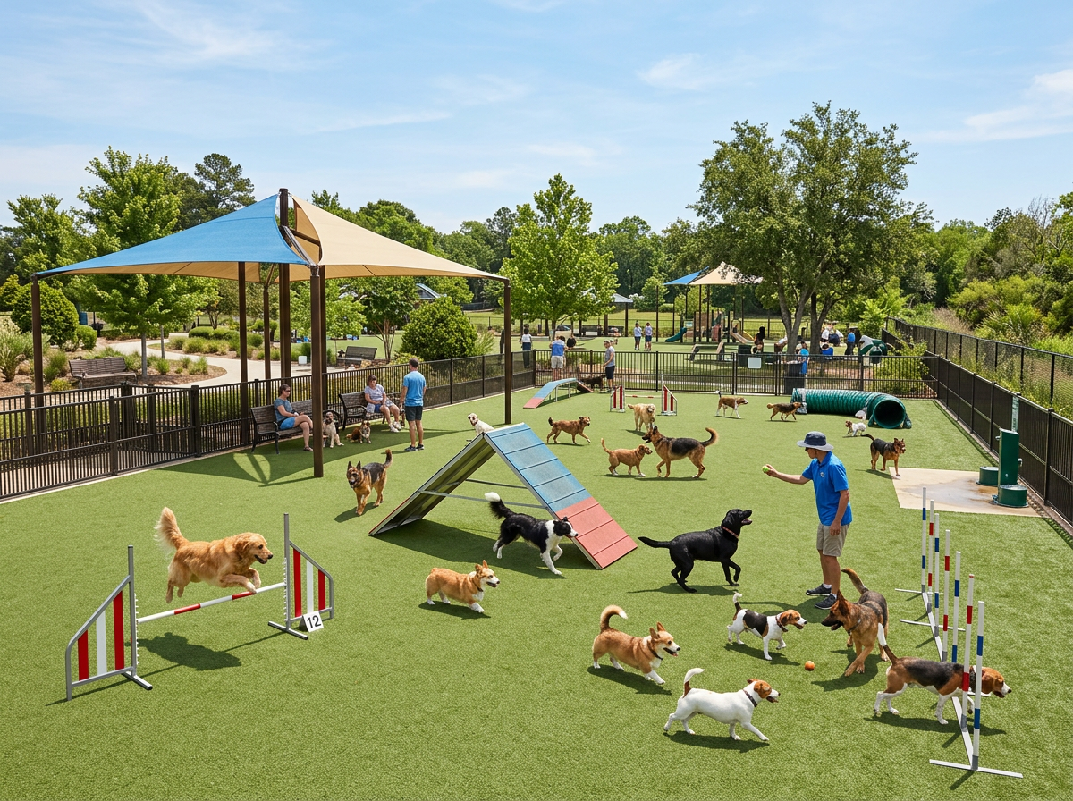 Expanded outdoor pet play park with safe turf