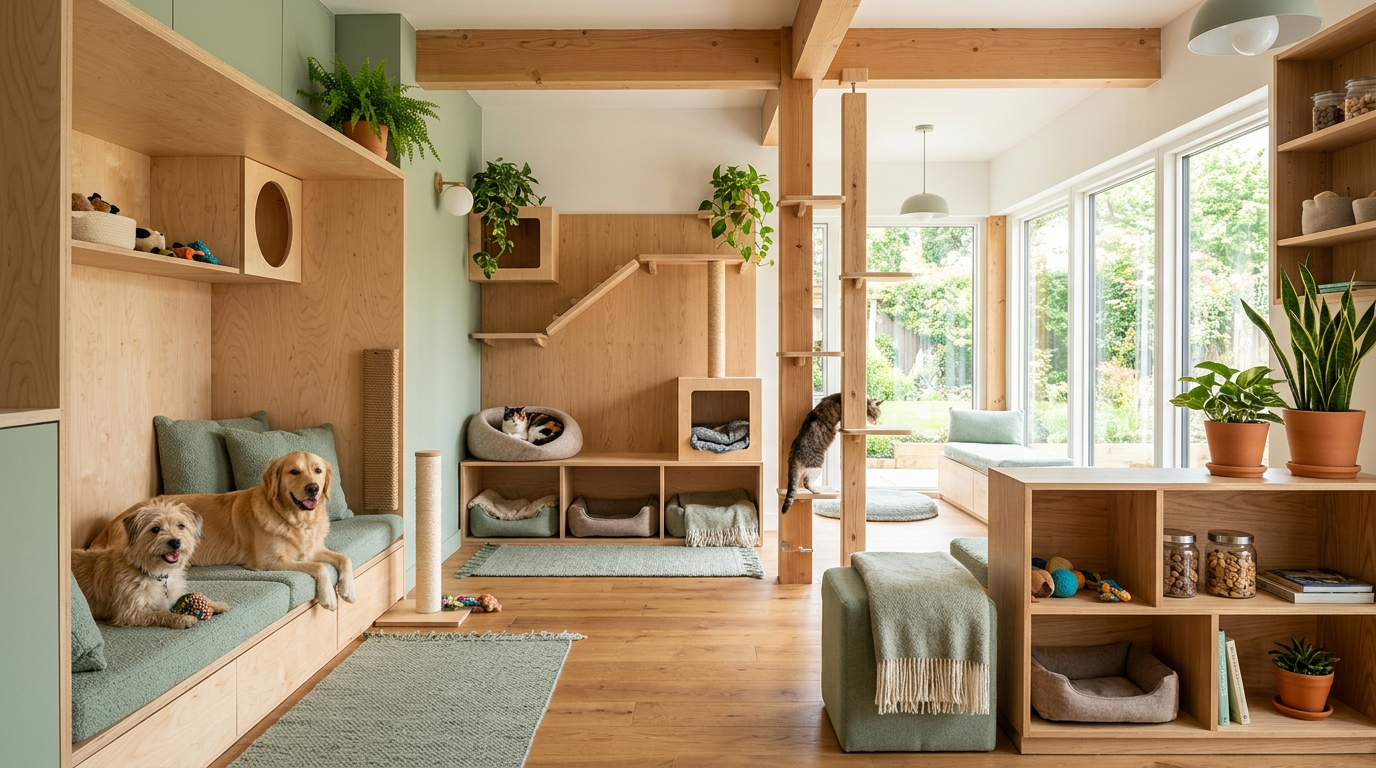 A modern pet care facility featuring warm wood textures and clean lounge design