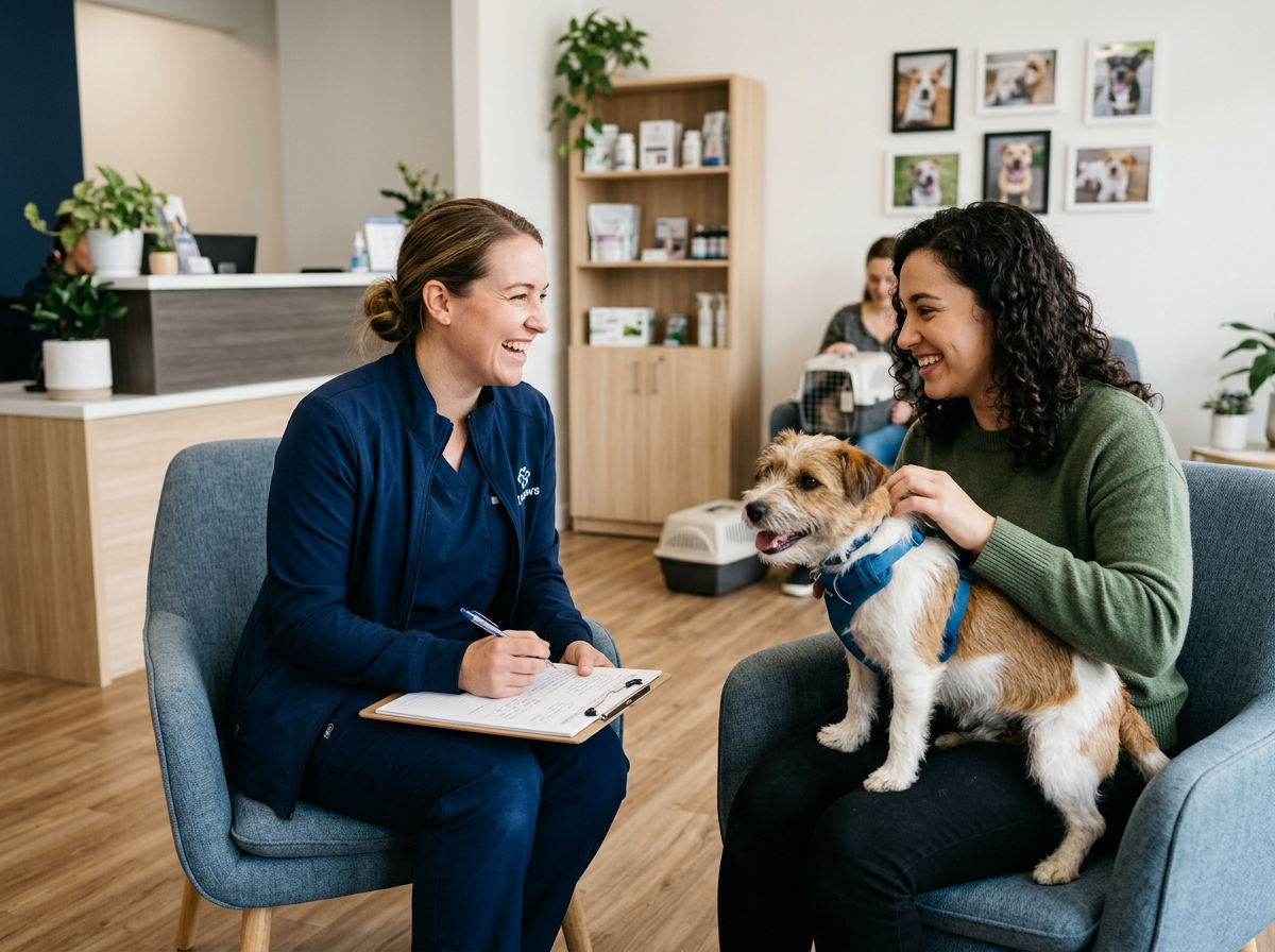 A pet care advisor chatting warmly with a dog owner